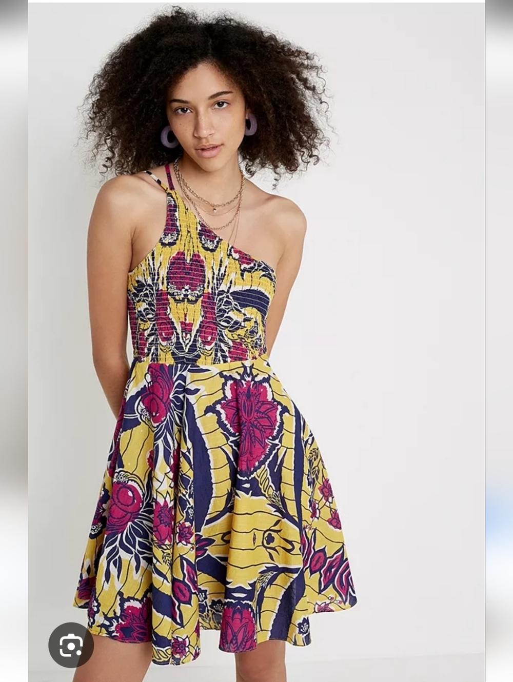 Urban Outfitters One-Shoulder Floral Mini Dress - Yellow, Magenta & Navy